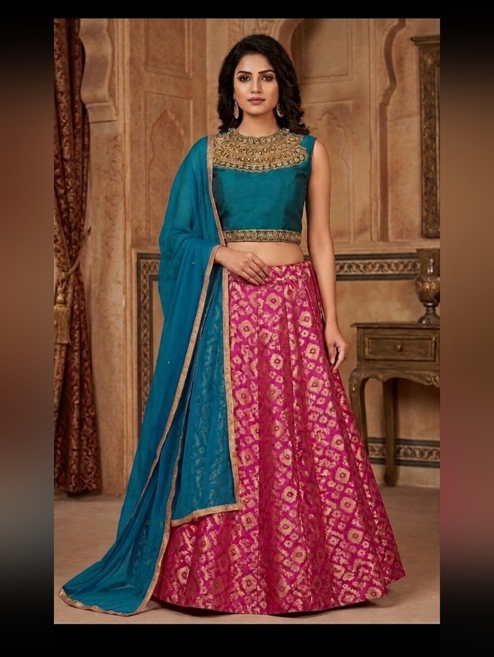 Teal & Pink Brocade Lehenga Skirt with Teal Dupatta